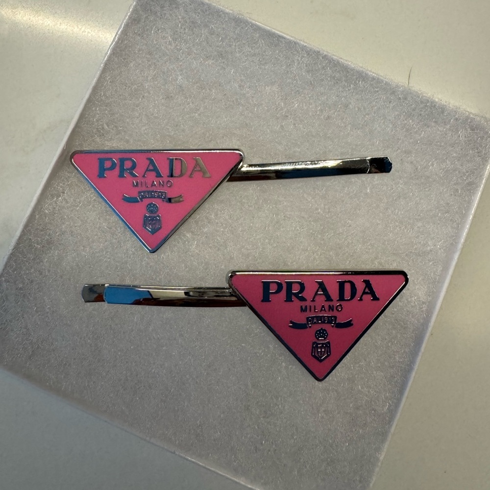 PRADA hair pins barrette PINK black logo accessory silver set of 2 clips
